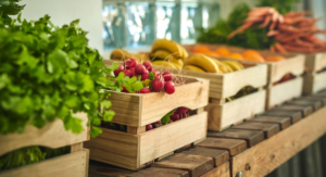 Caixas de Alimentos Orgânicos frescos e saudáveis em uma bancada de madeira.