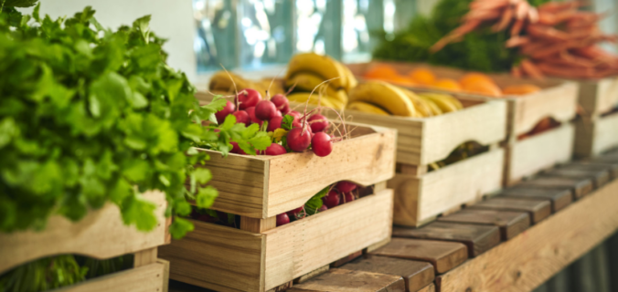 Caixas de Alimentos Orgânicos frescos e saudáveis em uma bancada de madeira.