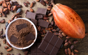 Barra de Chocolate Orgânico ao Lado do Fruto Cacau