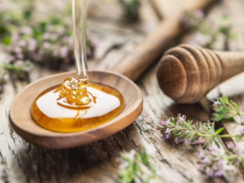 Colher de mel florada da acácia em fundo neutro, representando a pureza e os benefícios deste tipo de mel orgânico.
