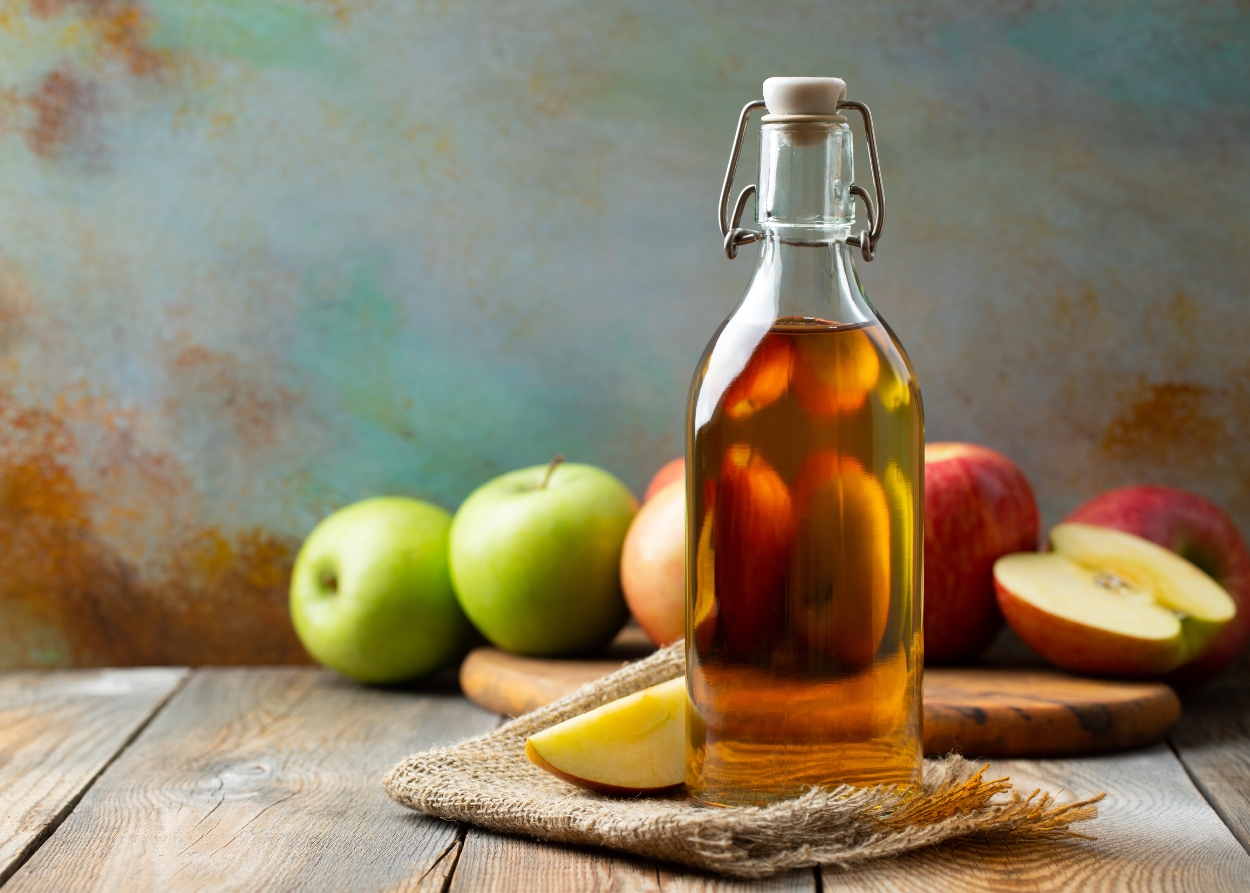 Garrafa de vinagre de maçã orgânico com selo de qualidade